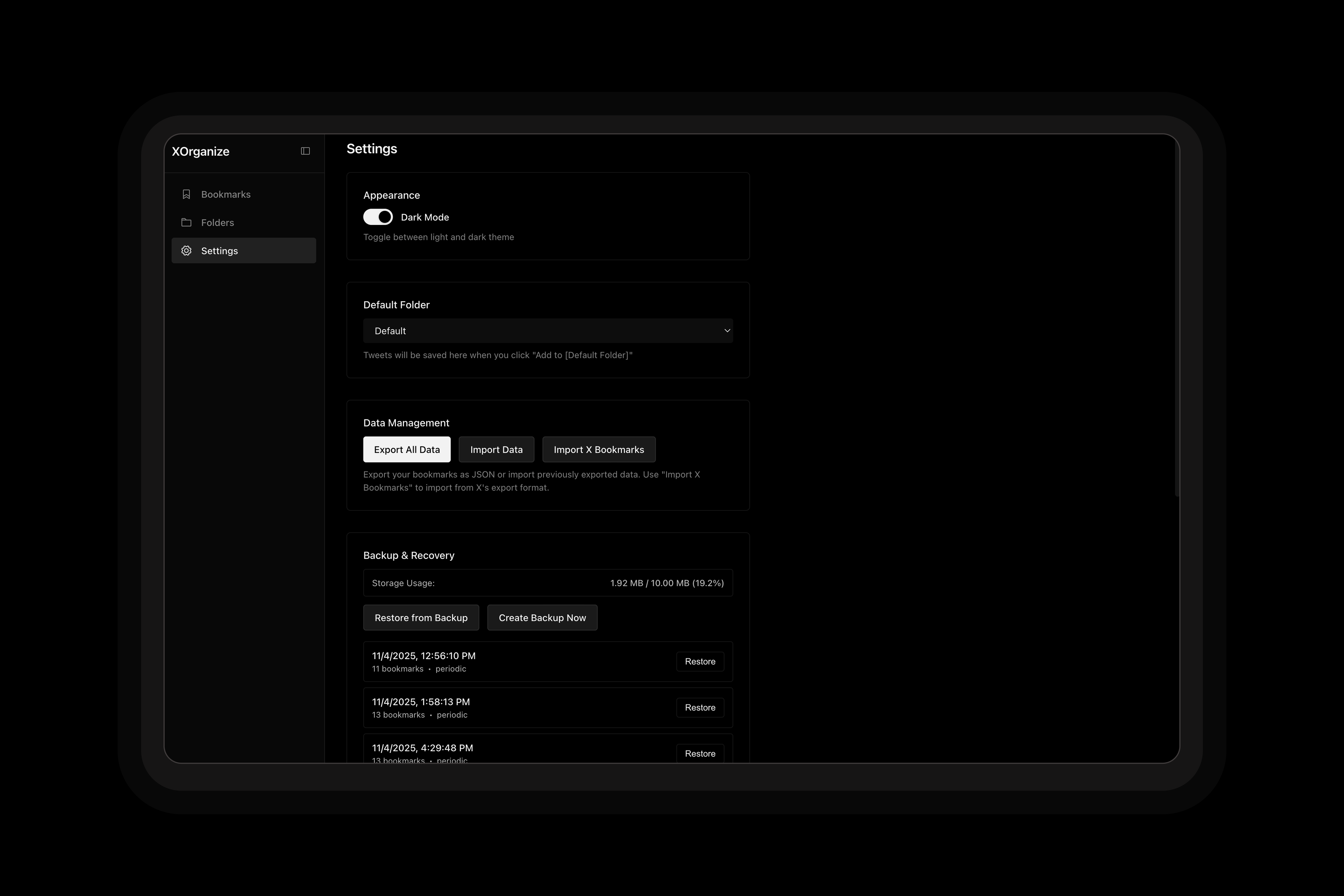 XOrganize Extension - Options Page